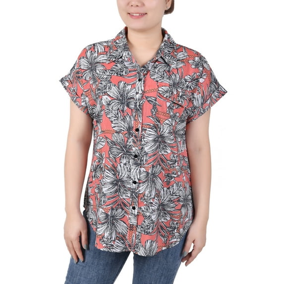 NY Collection Women's Short Rolled Sleeve Button Front Blouse