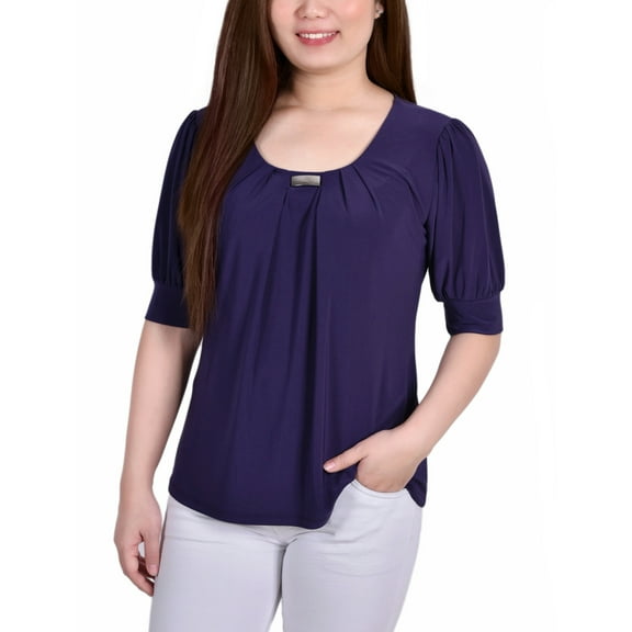 NY Collection Women's Short Sleeve Balloon Sleeve Top With Hardware