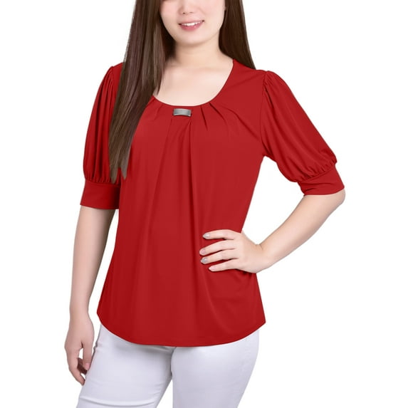 NY Collection Women's Short Sleeve Balloon Sleeve Top With Hardware