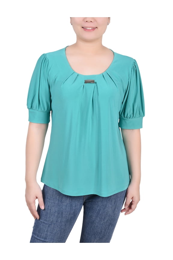 Women's Short Sleeve Balloon Sleeve Top with Hardware
