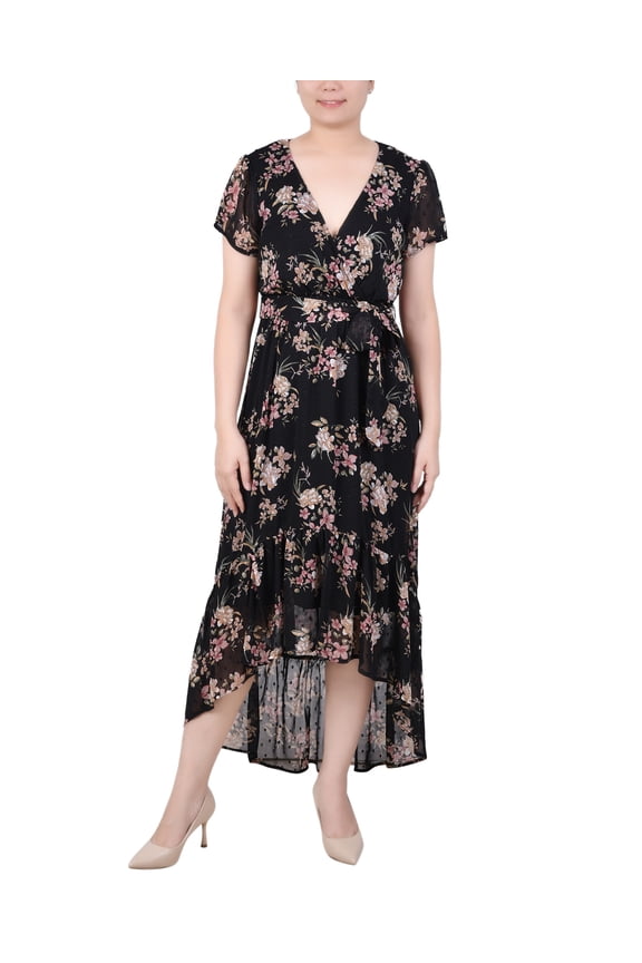 Women's Short Sleeve Hankerchief Hem Chiffon Dress