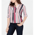 thumbnail image 1 of NY Collection Women's Striped Roll Tab Shirt Pink Size Petite Medium, 1 of 3
