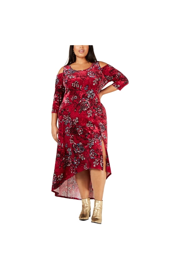 Womens Abstract Floral Cold Shoulder Midi Dress, Red, 1XP