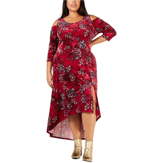 NY Collection Womens Abstract Floral Cold Shoulder Midi Dress, Red, 1XP