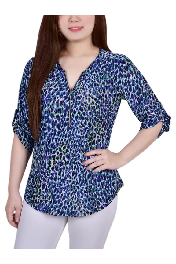 Womens Animal Print Stretch Button-Down Top