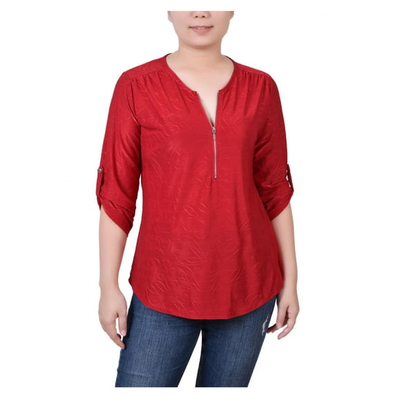 NY Collection Womens Animal Print Stretch Button-Down Top