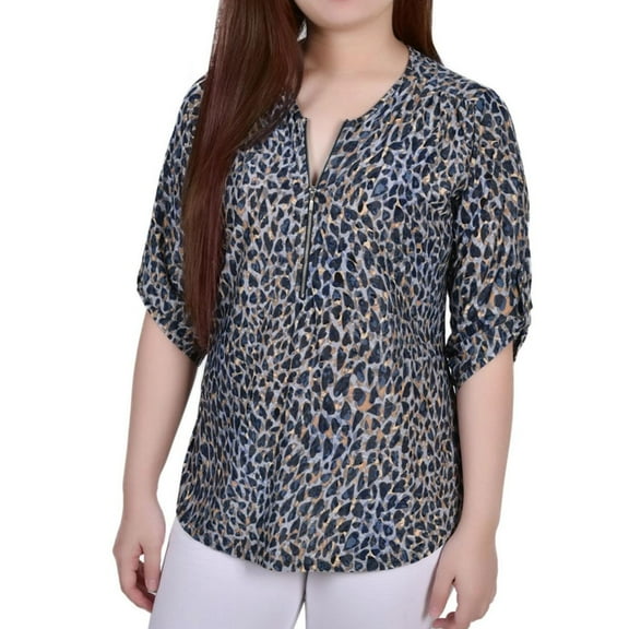 NY Collection Womens Jersey Jacquard Zip Knit Blouse, Multicoloured, Petite, P/PS