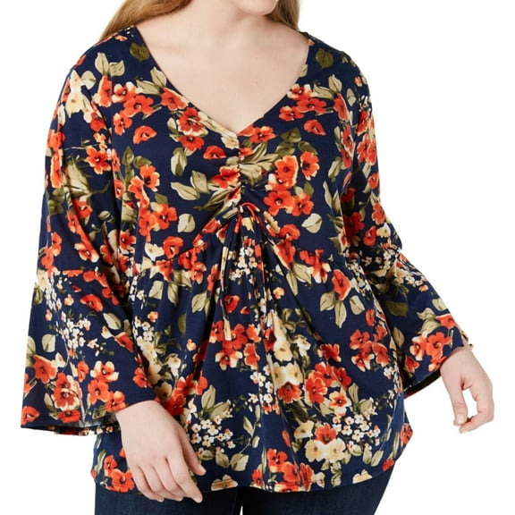 NY Collection Womens Cinch Front Pullover Blouse, Blue, Plus Size, 1X