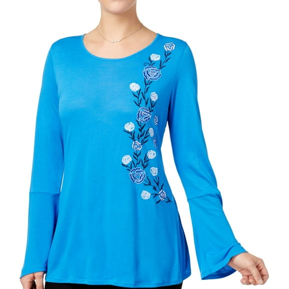 NY Collection Womens Embroidered Pullover Blouse, Blue, Small