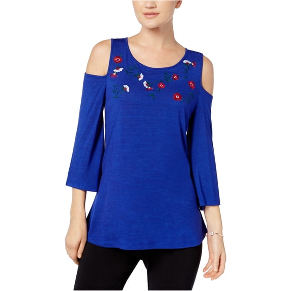 NY Collection Womens Embroidered Pullover Cold Shoulder Blouse, Blue, Large