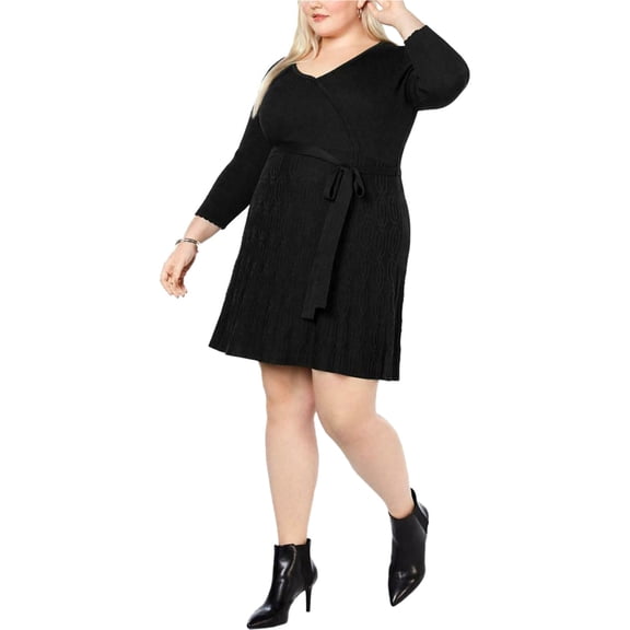 NY Collection Womens Faux Wrap Sweater Fit & Flare Dress, Black, Petite Plus Size, 1XP