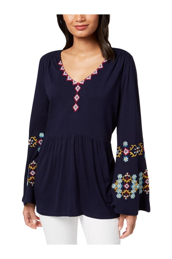 Womens Flare Sleeve Embroidered Pullover Top Navy S