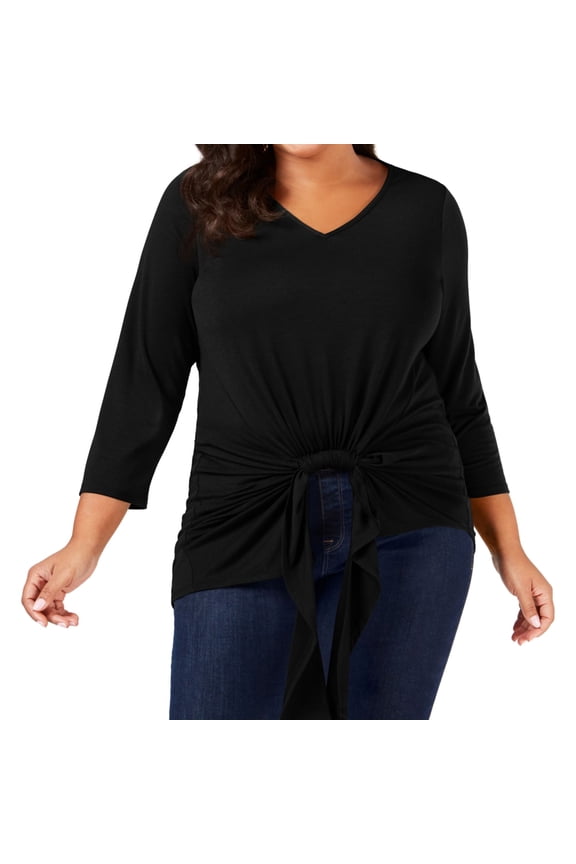 Womens Gathered Front Pullover Blouse, Black, Plus Size, 2X
