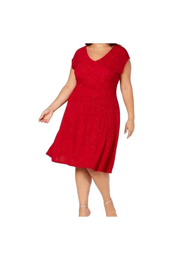 Womens Glitter Fit & Flare Dress, Red, Petite Plus Size, 2XP