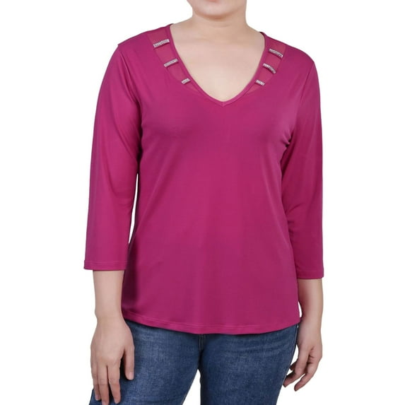NY Collection Womens Illusion Neck Pullover Blouse, Purple, Petite, PXL