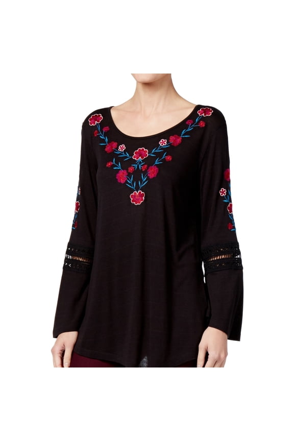 Womens Lace Bell Sleeve Pullover Blouse, Black, Small