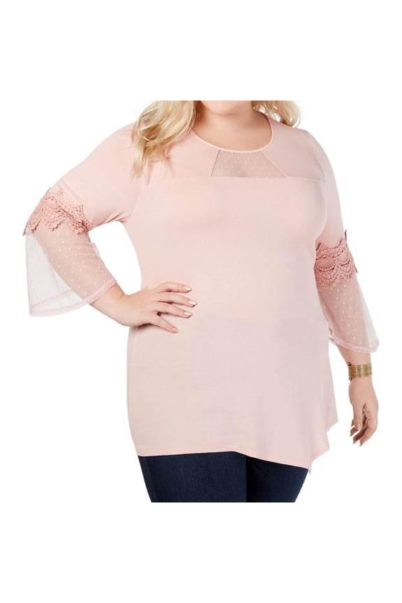 Womens Mesh Dot Pullover Blouse, Pink, Plus Size, 2X