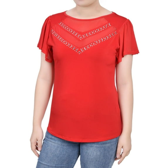 NY Collection Womens Mesh Tunic Blouse, Red, Petite, PET/MED