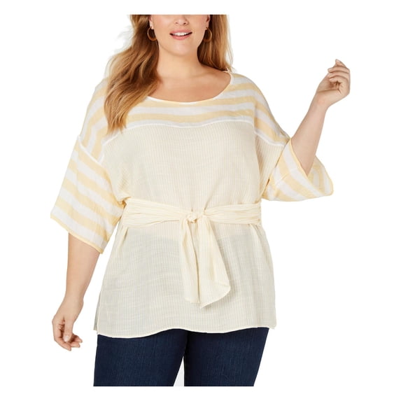 NY Collection Womens Mixed Stripe Tie Waist Blouse 1X – Yellow