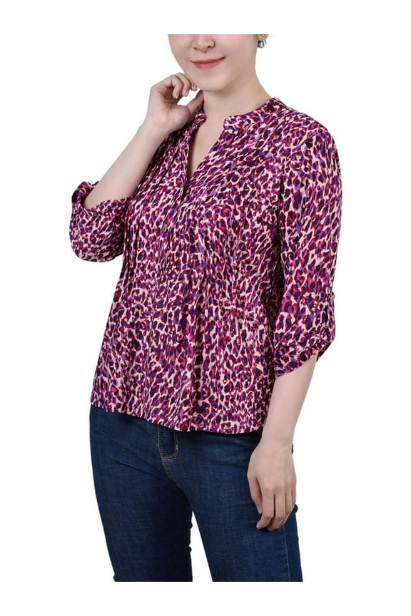 Womens Petites Animal Print Pintuck Blouse