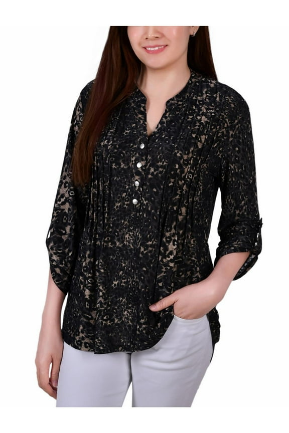 Womens Petites Animal Print Pintuck Blouse