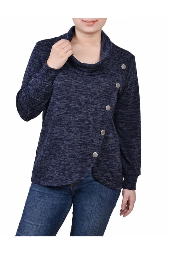 Womens Petites Asymmetrical Cowl Neck Button-Up
