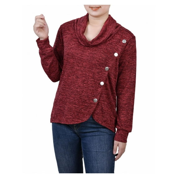 NY Collection Womens Petites Asymmetrical Cowl Neck Button-Up