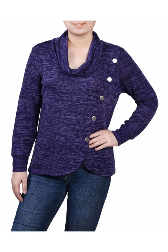 Womens Petites Asymmetrical Cowl Neck Button-Up