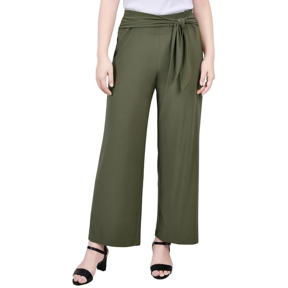 NY Collection Womens Petites Belted Mid-Rise Cropped Pants