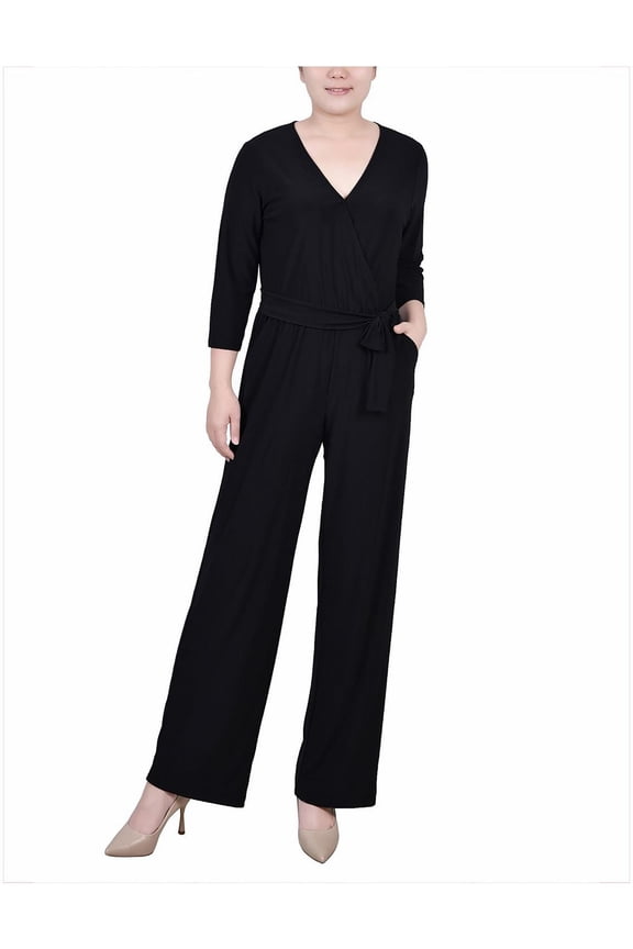 Womens Petites Belted Wide Leg Jumpsuit