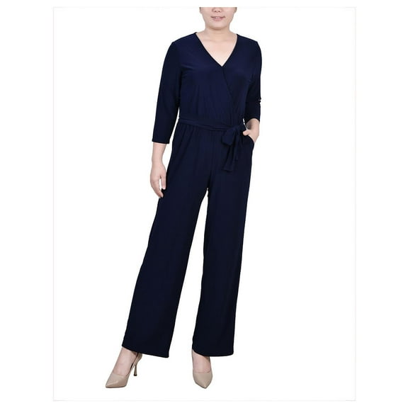 NY Collection Womens Petites Belted Wide Leg Jumpsuit