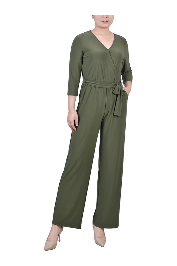 Womens Petites Belted Wide Leg Jumpsuit