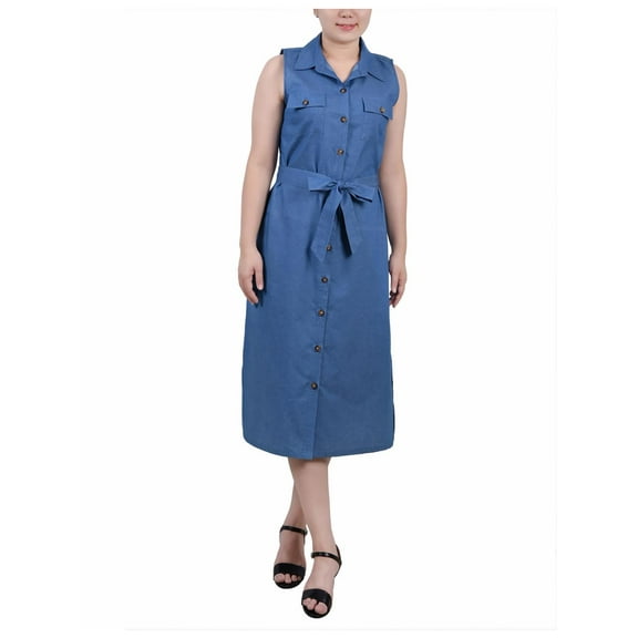 NY Collection Womens Petites Button Cotton Midi Dress