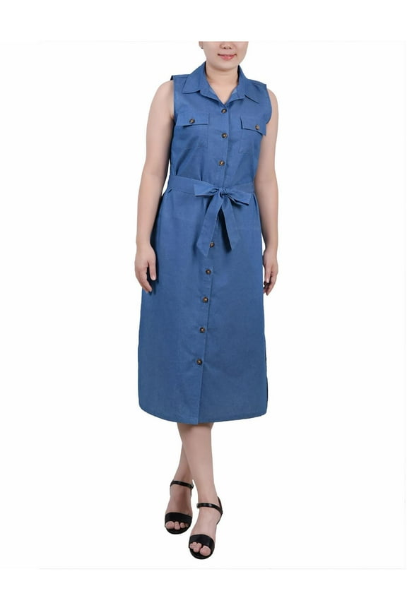 Womens Petites Button Cotton Midi Dress