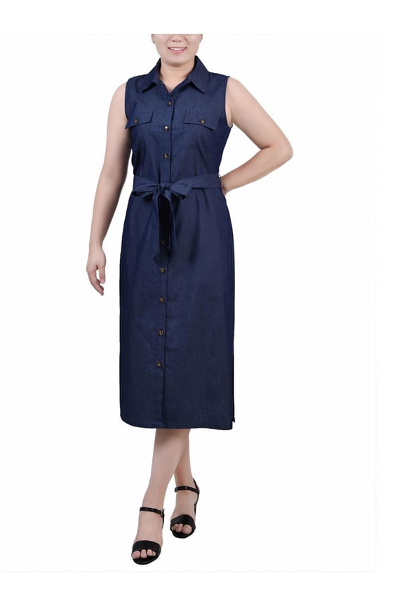 Womens Petites Button Cotton Midi Dress