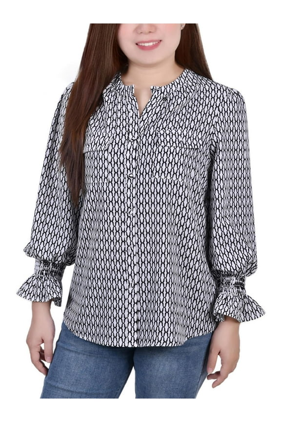 Womens Petites Button Down Crew Neck Blouse