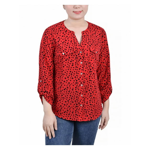 NY Collection Womens Petites Button-Front Long Sleeve Blouse
