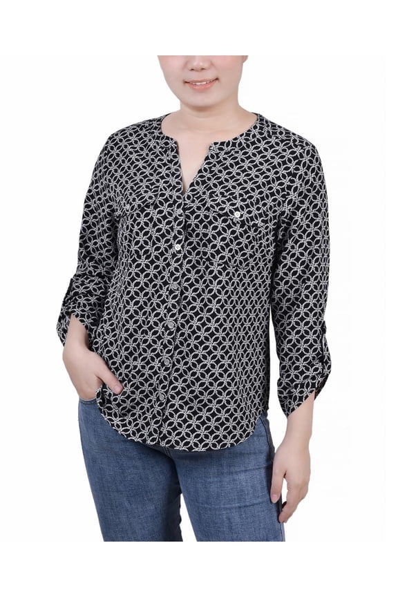 Womens Petites Button-Front Long Sleeve Blouse