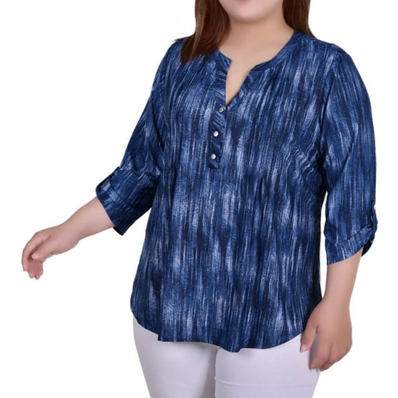 NY Collection Womens Button Pullover Blouse, Blue, Petite, PM