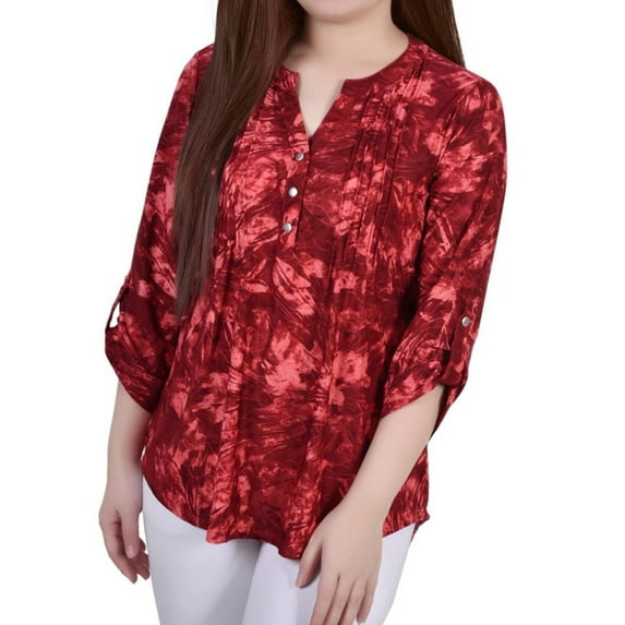 NY Collection Womens Button Pullover Blouse, Red, Petite, PL