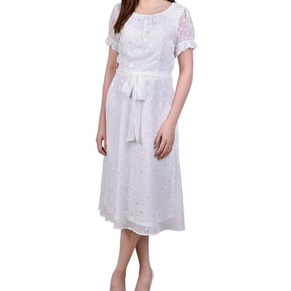 NY Collection Womens Swiss Dot Pin Tuck Midi Dress, White, Petite, PL