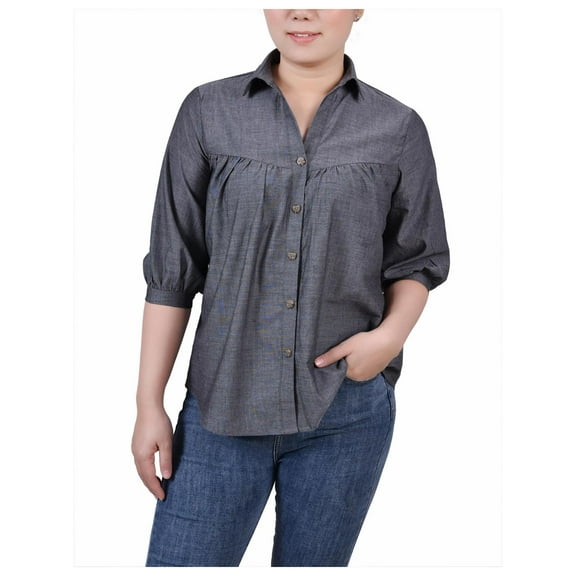 NY Collection Womens Petites Collar Button Down Blouse