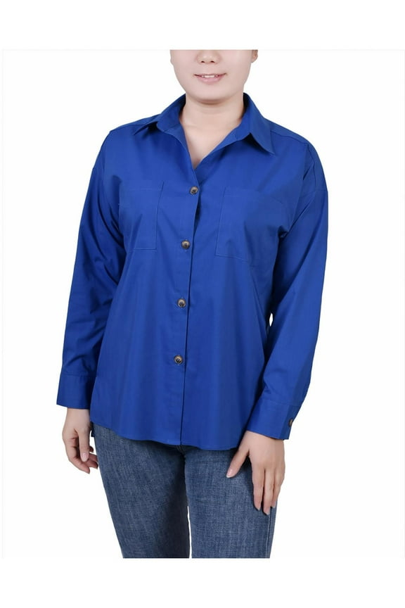 Womens Petites Collar Button-Down Top