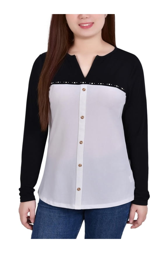 Women's Studded Colorblocked Split Neck Top Petite Size PS
