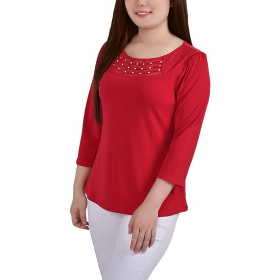 NY Collection Womens Petites Crepe Mesh Inset Blouse