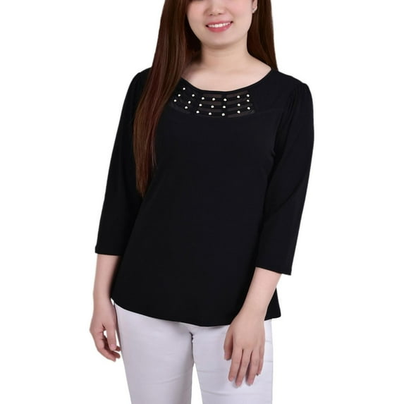 NY Collection Womens Petites Crepe Mesh Inset Blouse