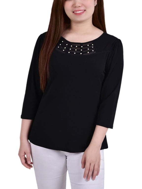 Womens Petites Crepe Mesh Inset Blouse