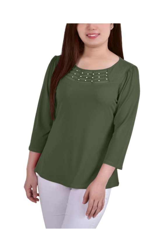 Womens Petites Crepe Mesh Inset Blouse