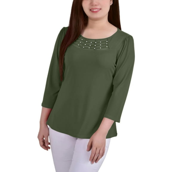 NY Collection Womens Petites Crepe Mesh Inset Blouse