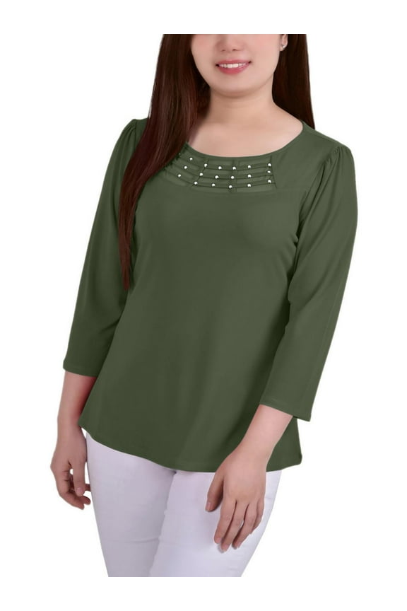 Womens Petites Crepe Mesh Inset Blouse